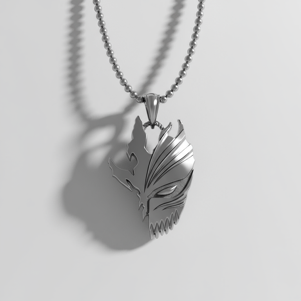 Silver wolf head pendant on a chain against a light gray background