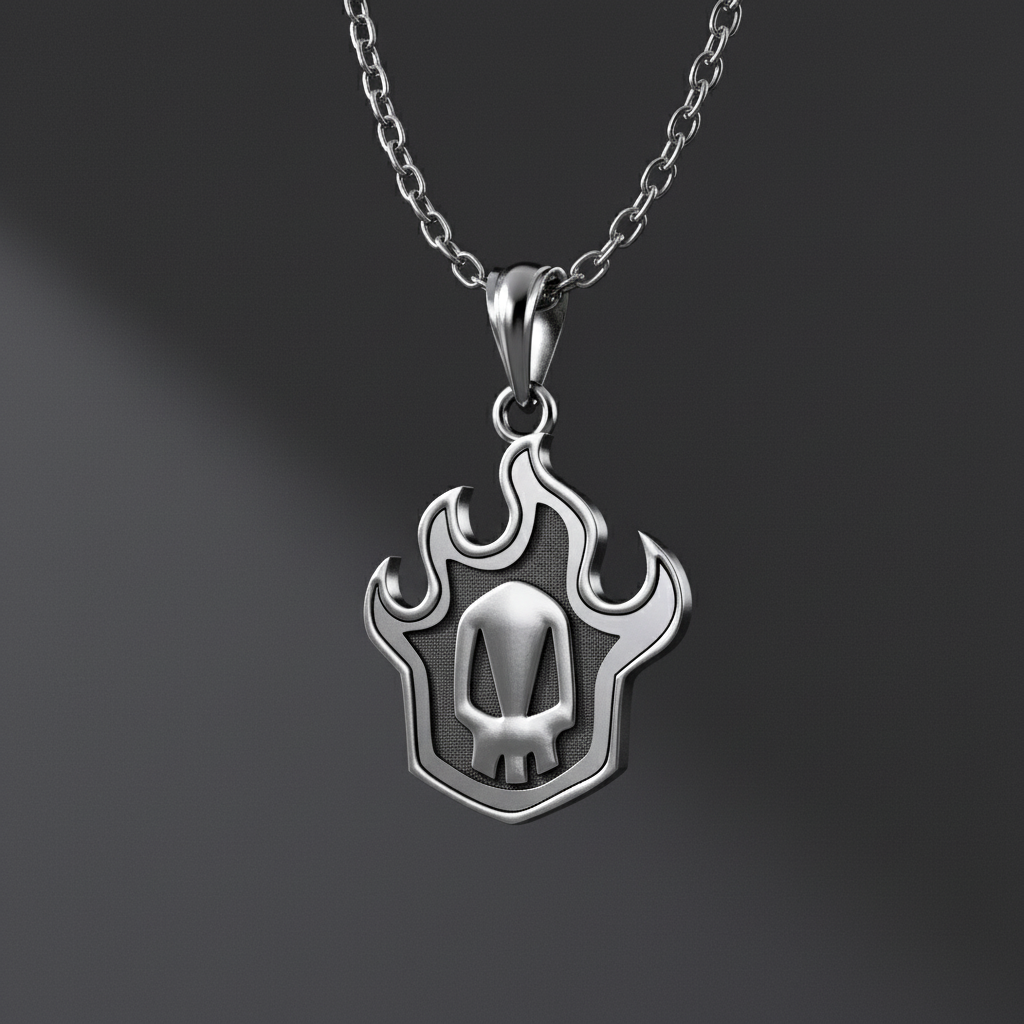 Silver pendant with flame design on a white background