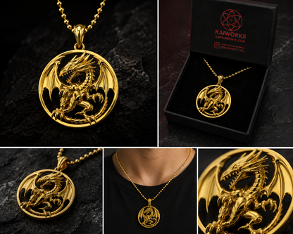 A collage showing a gold dragon pendant necklace from multiple angles, including close-ups of the pendant, a necklace on a chain, the pendant worn on a person's neck, and the necklace displayed inside a black KAIWORKS brand box.