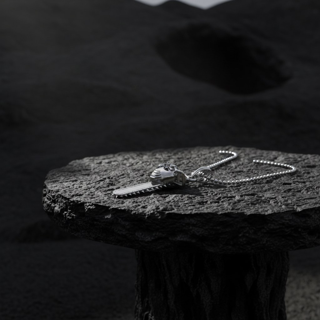 Silver necklace on a dark stone surface with a blurred natural background