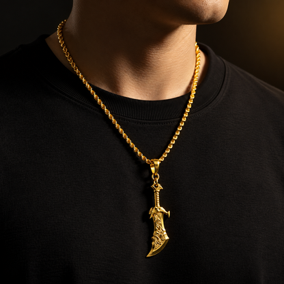 Person wearing a gold necklace with a pendant on a black background