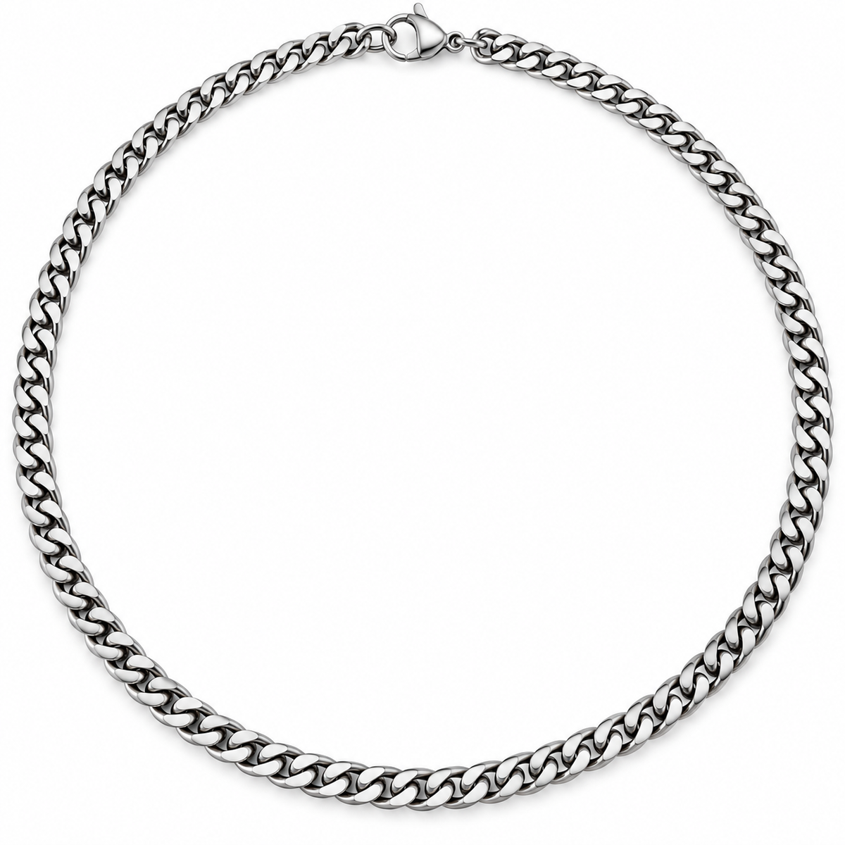 A silver-toned metal curb chain necklace arranged in a circle on a plain white background.