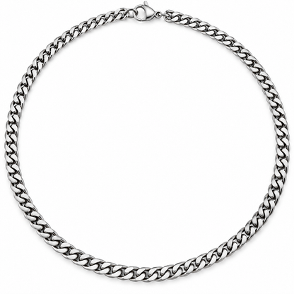 A silver-toned metal curb chain necklace arranged in a circle on a plain white background.