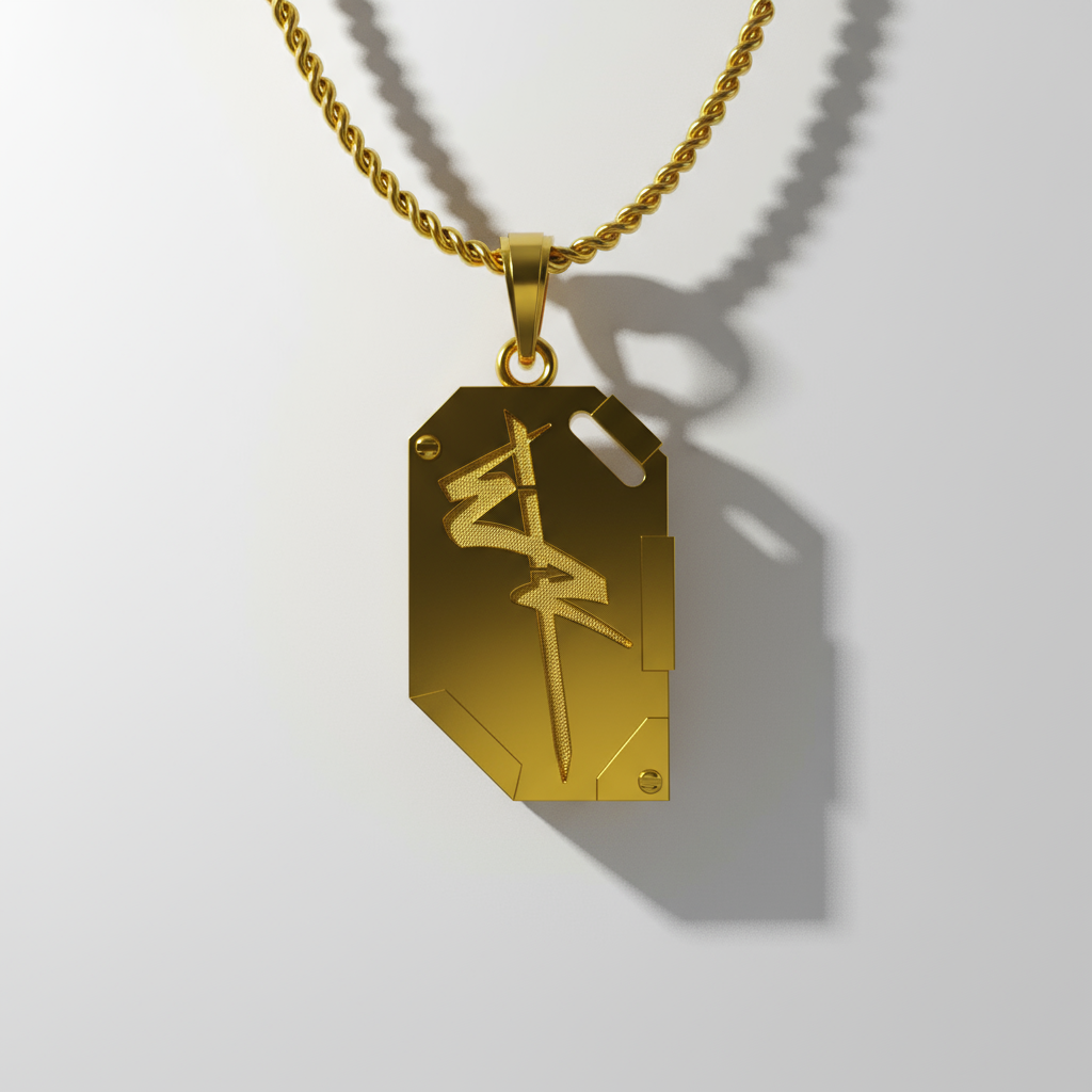 A silver pendant with a chip-inspired design on a chain, set against a dimly lit, grunge-style background featuring a character.