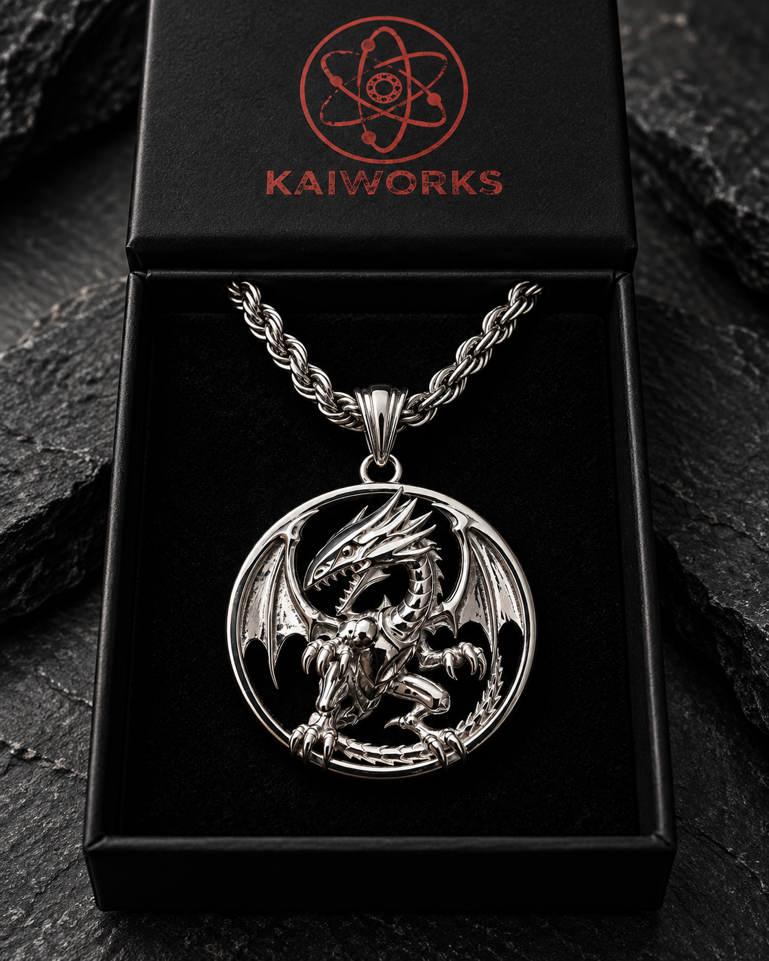 A silver-toned dragon pendant necklace displayed inside a black Kaiworks gift box, with the brand name and logo visible on the inner lid. The pendant is shown against a dark textured stone background.