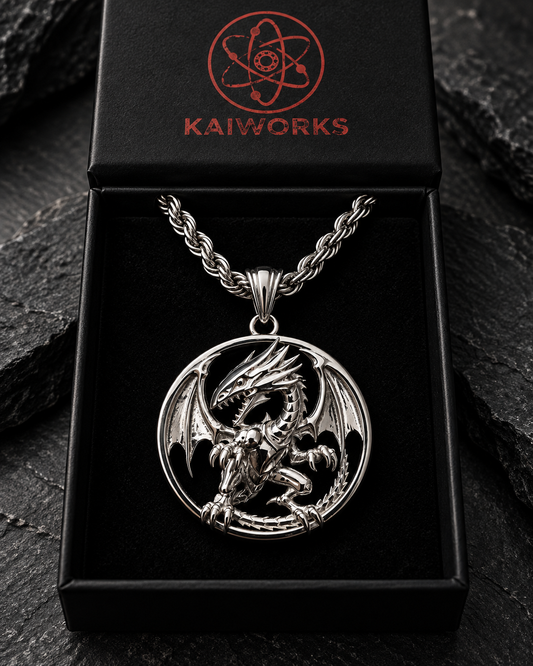 A silver-toned dragon pendant necklace displayed inside a black Kaiworks gift box, with the brand name and logo visible on the inner lid. The pendant is shown against a dark textured stone background.