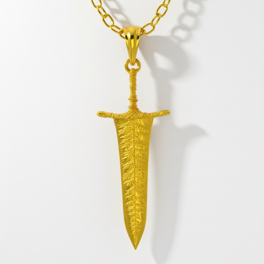 Gold sword-shaped pendant on a chain against a white background