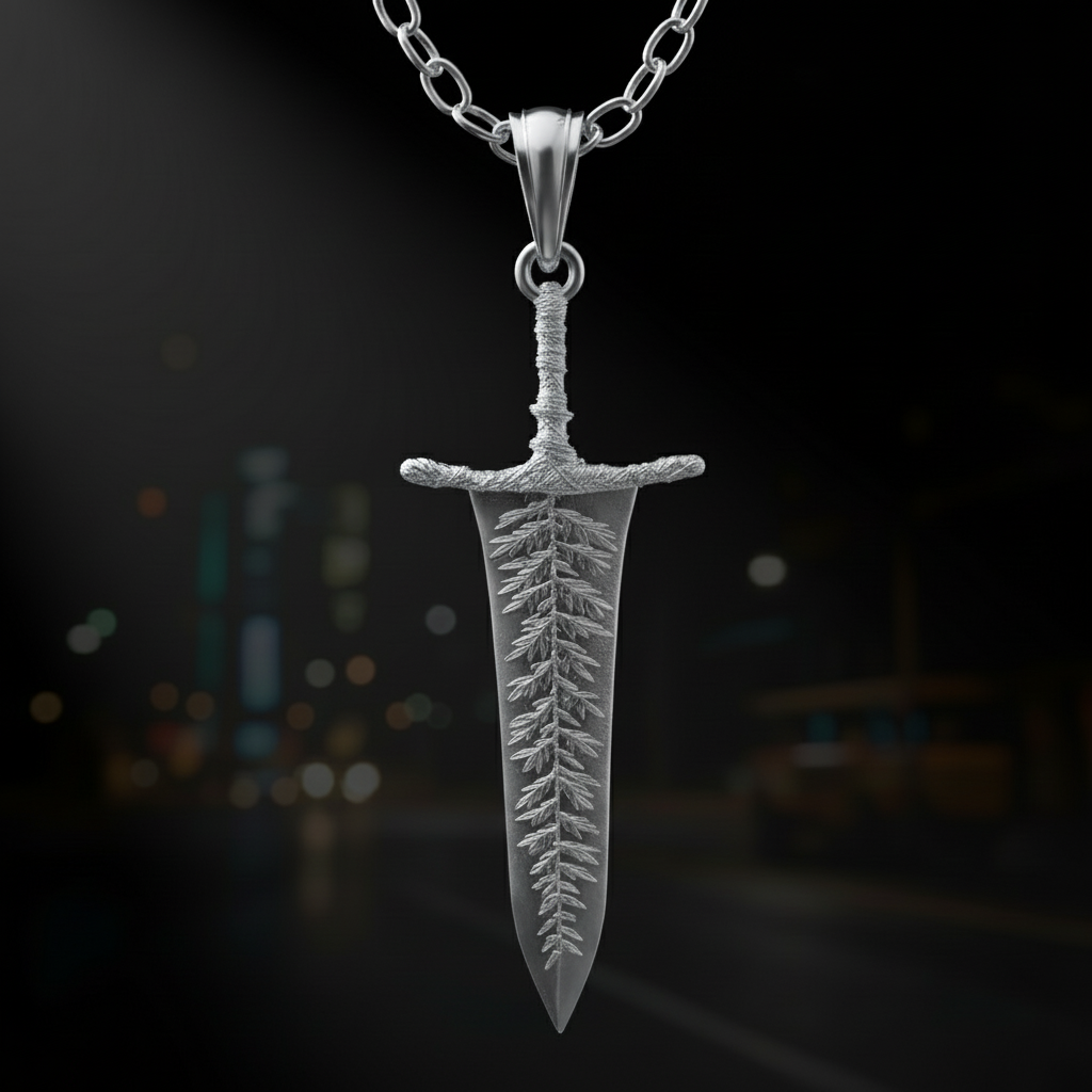 Silver sword-shaped pendant on a chain against a dark background