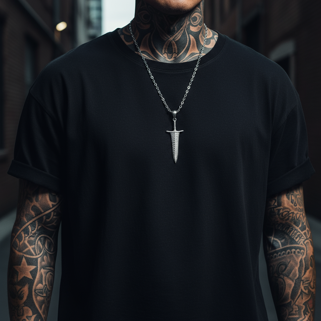 Person wearing a black t-shirt with a silver necklace featuring a unique pendant, standing against a blurred background.