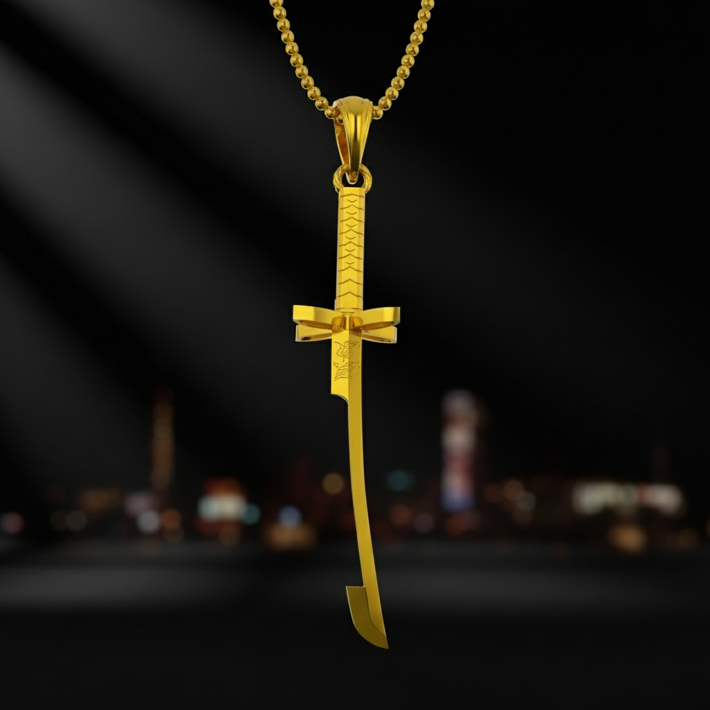Gold sword-shaped pendant on a white background