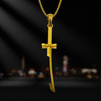 Gold sword-shaped pendant on a white background