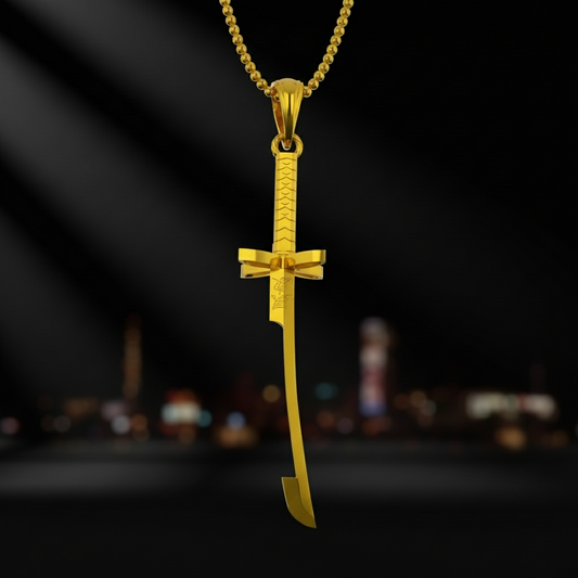 Gold sword-shaped pendant on a white background