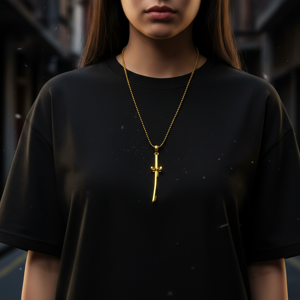 Person wearing a black t-shirt with a gold necklace featuring a cross pendant.