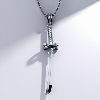 Sword-shaped pendant on a chain against a white background