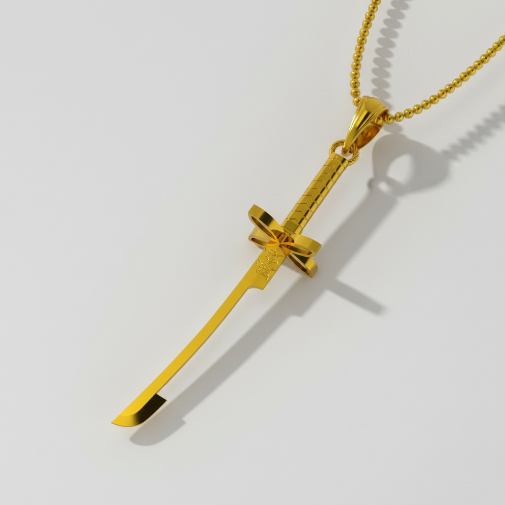 Gold sword-shaped pendant on a chain against a white background