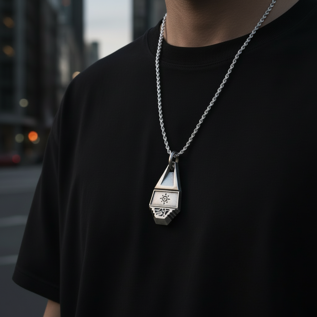 Person wearing a black t-shirt with a gold chain and silver pendant.