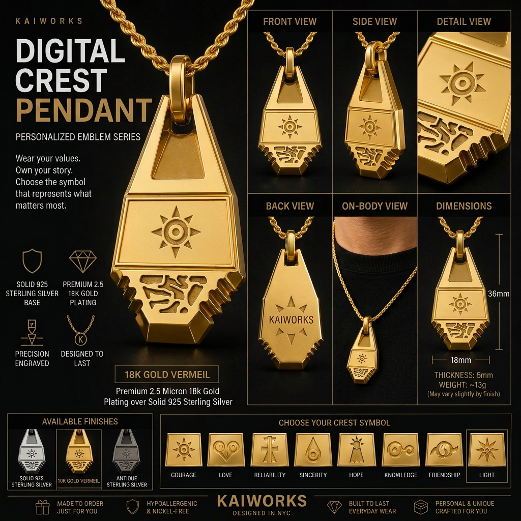 Gold digital crest pendant with detailed views and customization options on a black background