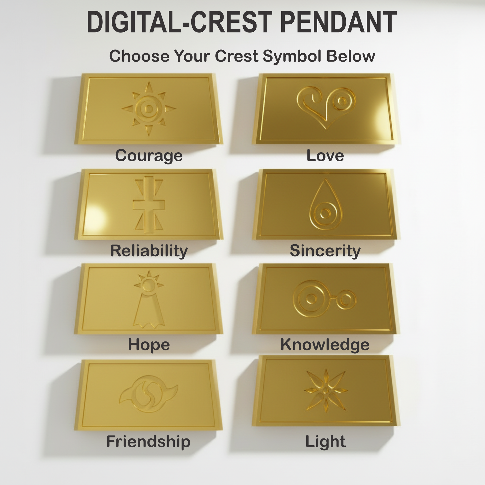 Digital-crest pendant options with symbols and corresponding virtues on a white background