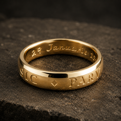 Gold ring with engraved text on a dark textured surface