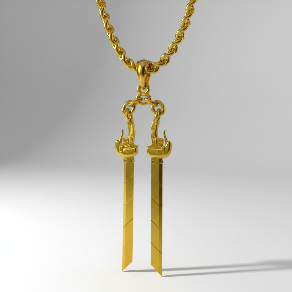 Gold sword-shaped pendant on a chain against a white background
