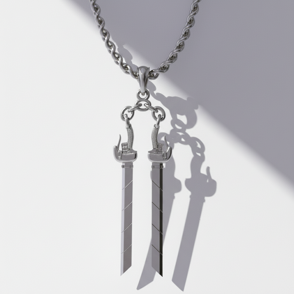 Silver sword-shaped pendant on a chain against a white background