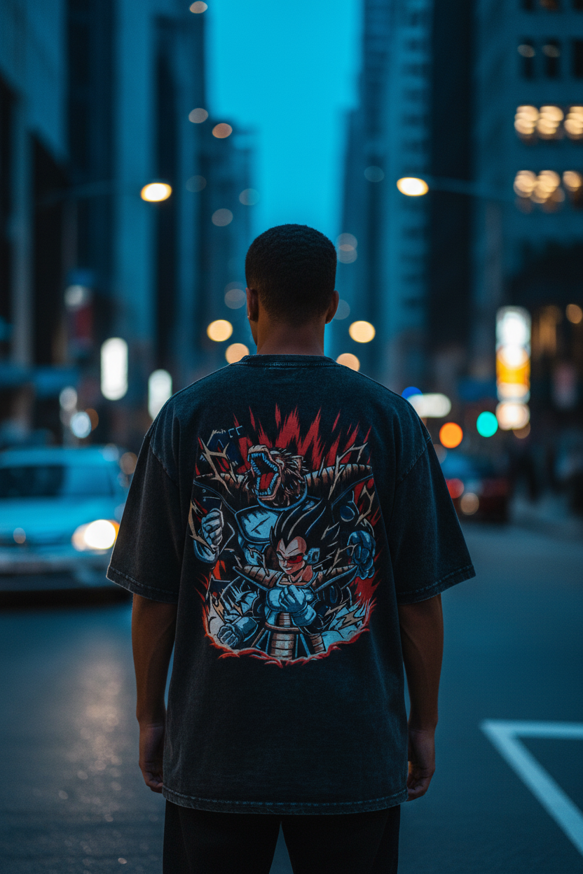 Person wearing a t-shirt with a graphic design on the back, standing on a city street at night.