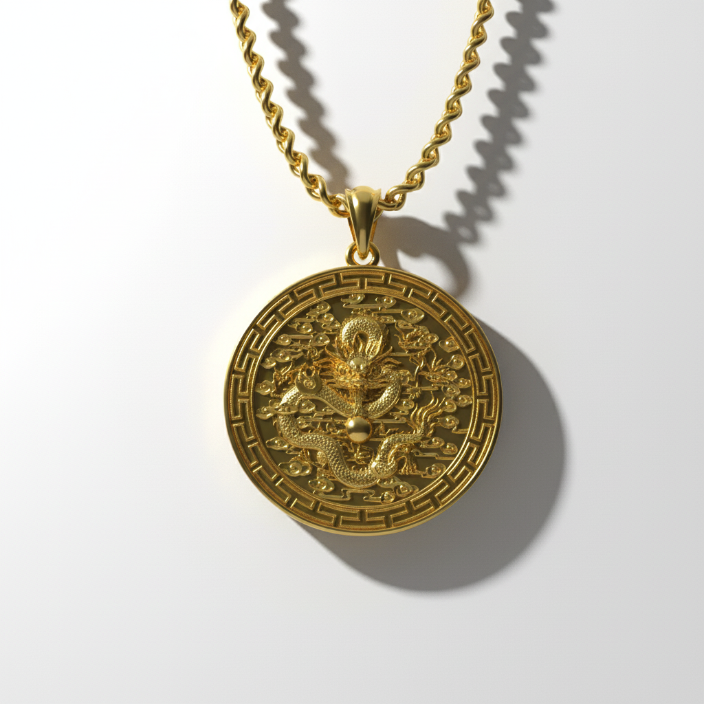 Gold pendant necklace on a white background