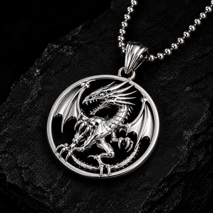 A silver dragon pendant necklace with a detailed circular dragon design, resting on a dark textured rock surface.