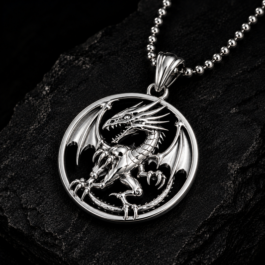 A silver dragon pendant necklace with a detailed circular dragon design, resting on a dark textured rock surface.