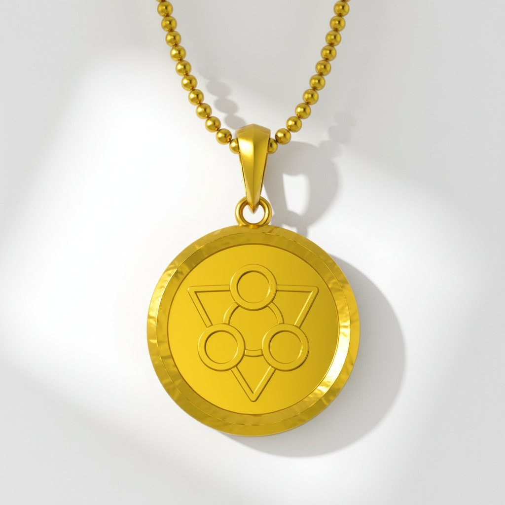 Gold pendant necklace with a symbol on a white background