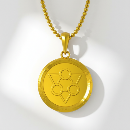 Gold pendant necklace with a symbol on a white background
