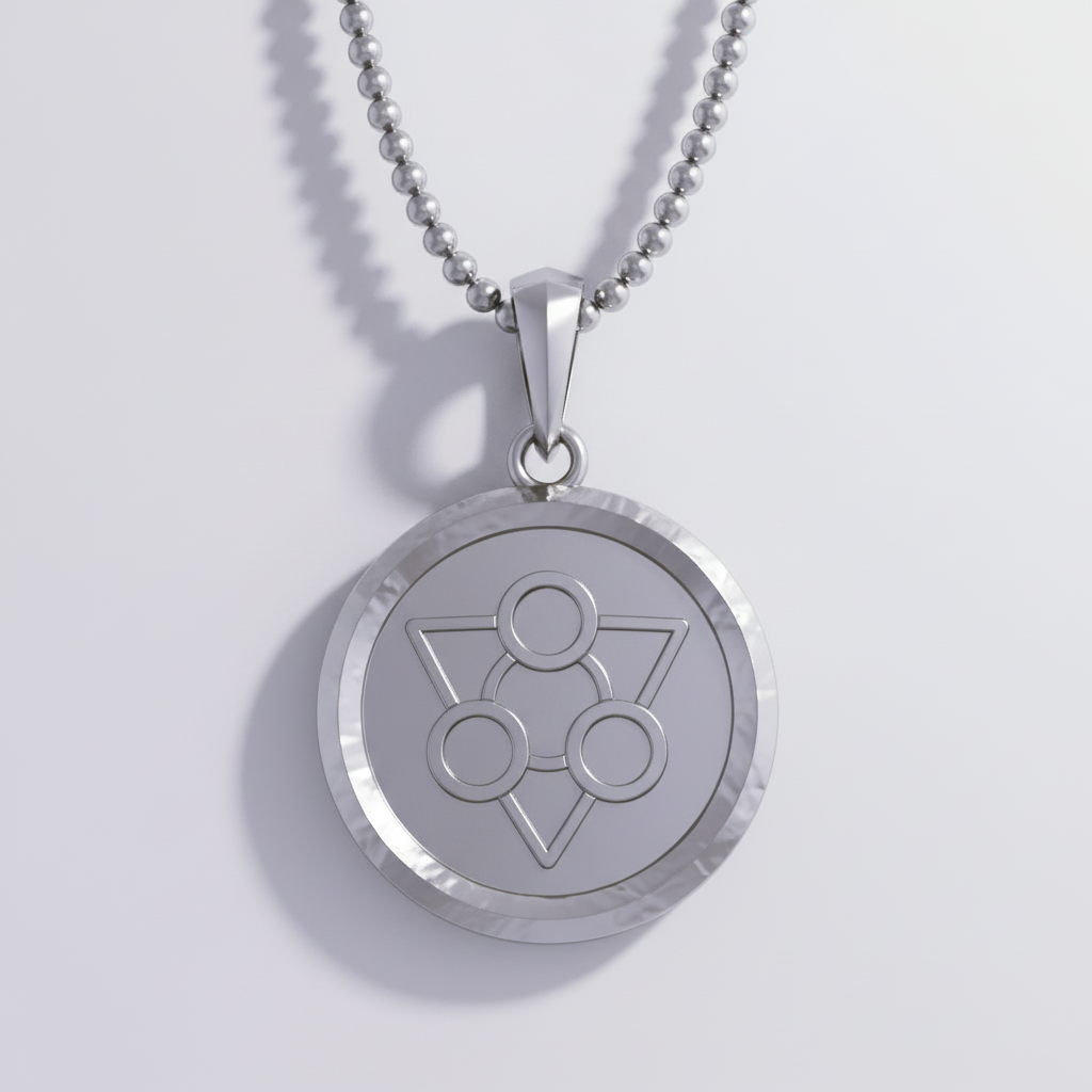 Silver pendant with a circular design on a white background