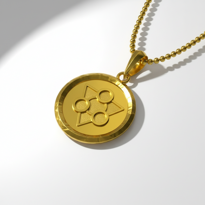 Gold pendant with a symbol on a white background