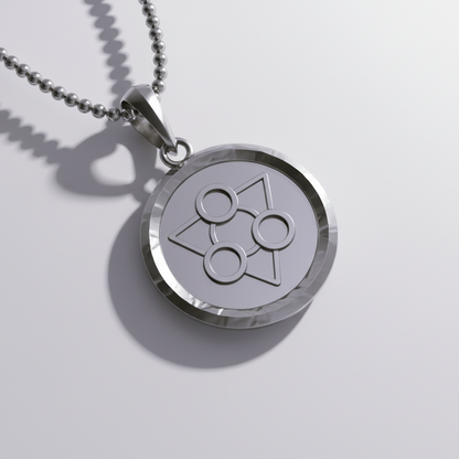 Silver pendant necklace with a geometric design on a white background