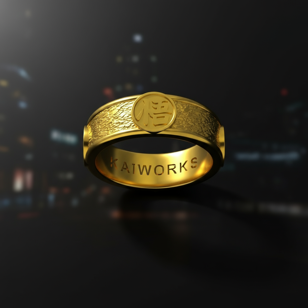 Gold ring with embossed design and 'KATWORX' branding on a white background