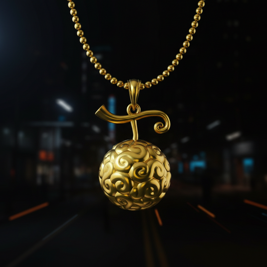 Gold necklace with a detailed pendant against a blurred cityscape background