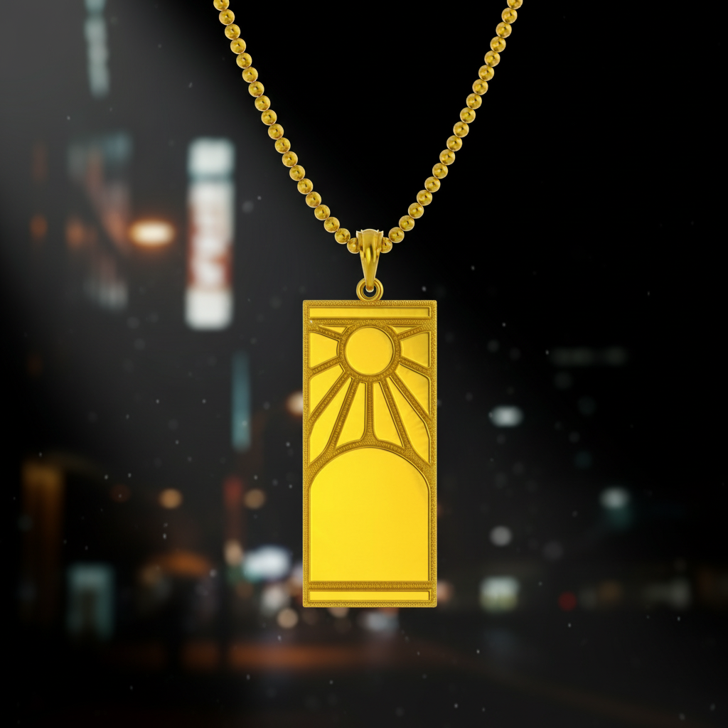 Gold pendant necklace with a cityscape background