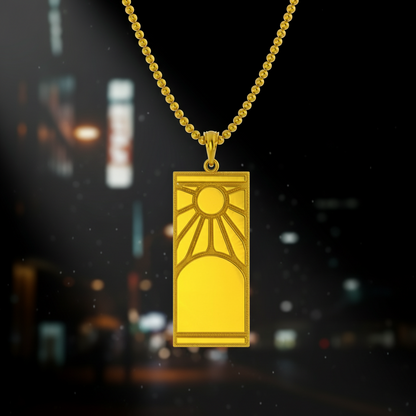 Gold pendant necklace with a cityscape background