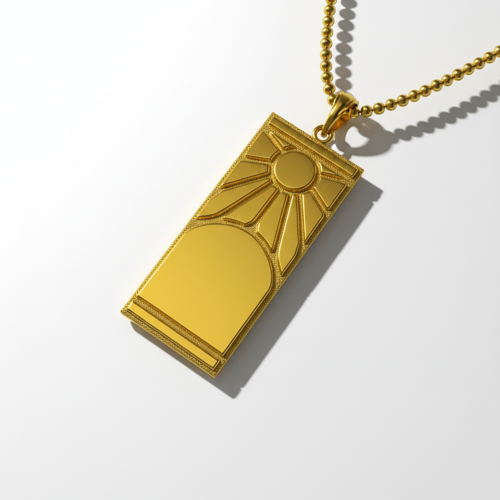 Gold pendant with sun design on a white background