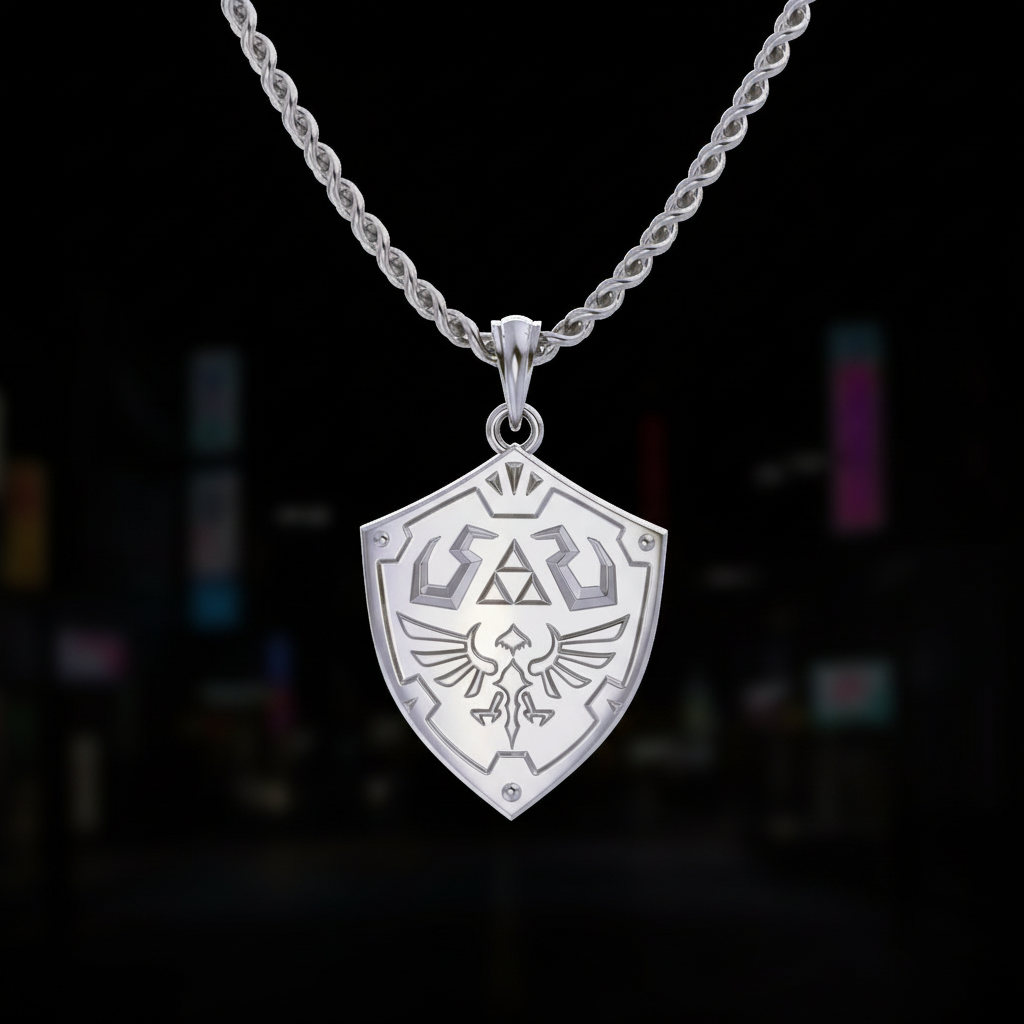 Silver necklace with a shield pendant on a white background