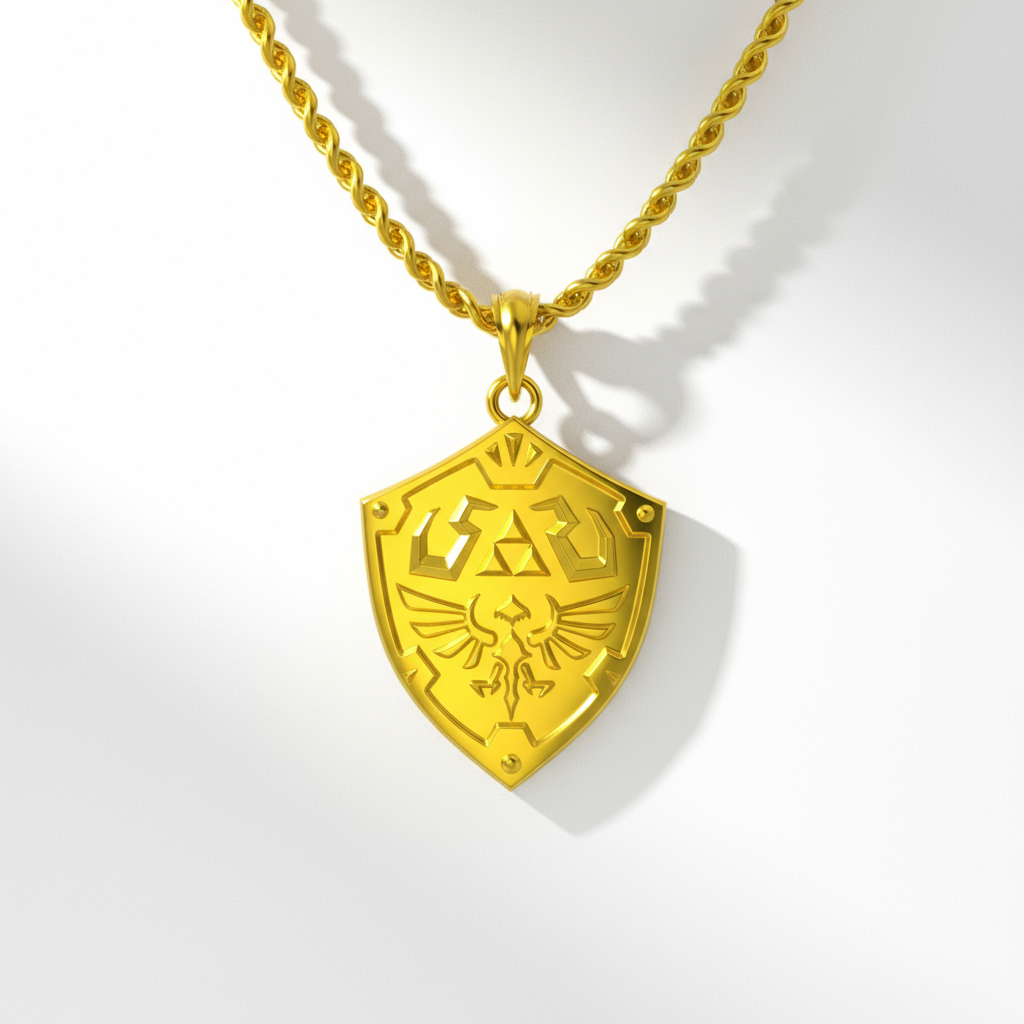 Gold necklace with a shield pendant on a white background