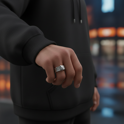 Person wearing a black jacket with a blurred cityscape background