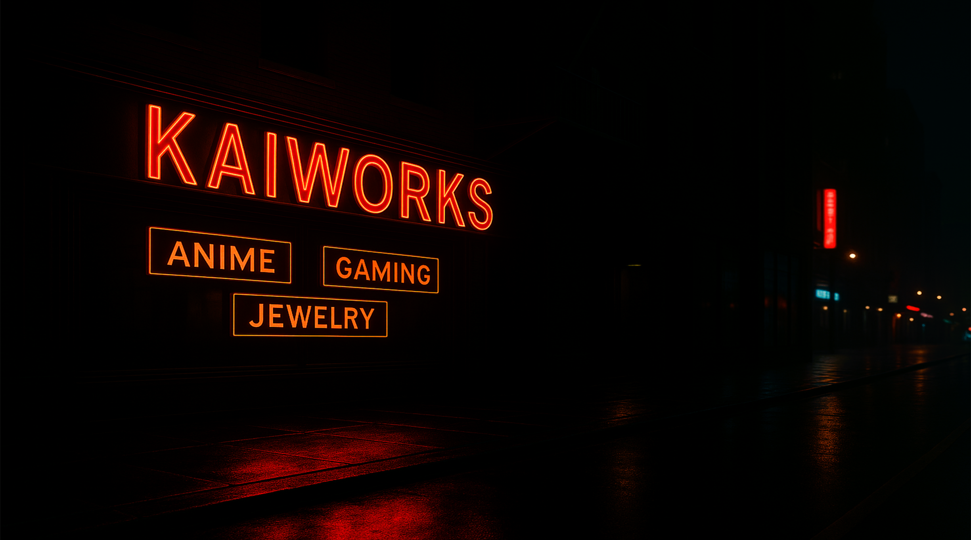 Neon sign for Kaiworks with categories 'Anime', 'Gaming', and 'Jewelry' on a dark background.
