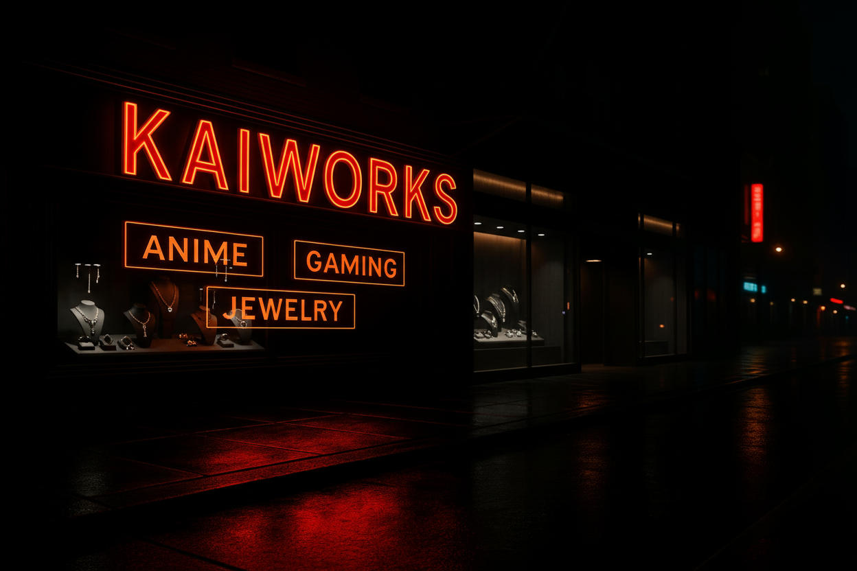 Neon sign for Kaiworks with categories 'Anime', 'Gaming', and 'Jewelry' on a dark background.