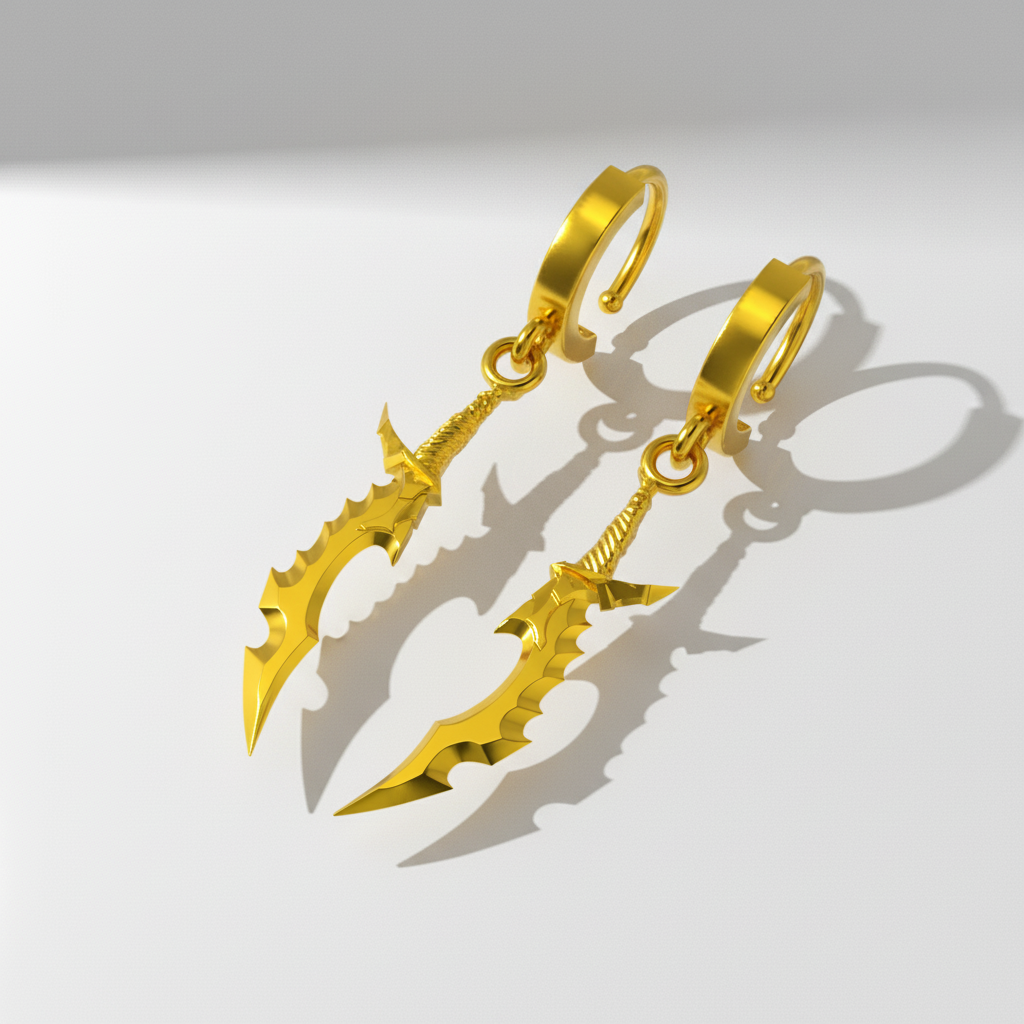 A pair of 14K gold earrings designed in the shape of fantasy blade silhouettes with a hoop design for pierced ears.