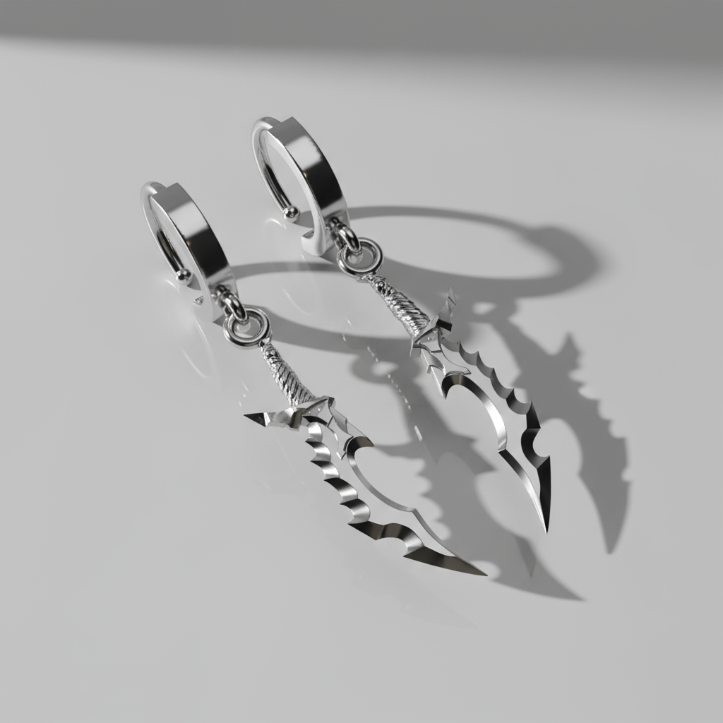 A pair of 14K gold earrings designed in the shape of fantasy blade silhouettes with a hoop design for pierced ears.