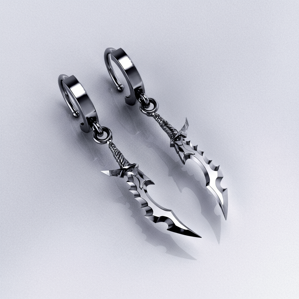 A pair of silver-colored earrings with a geometric hoop design, displayed against an abstract blue and black artistic background.