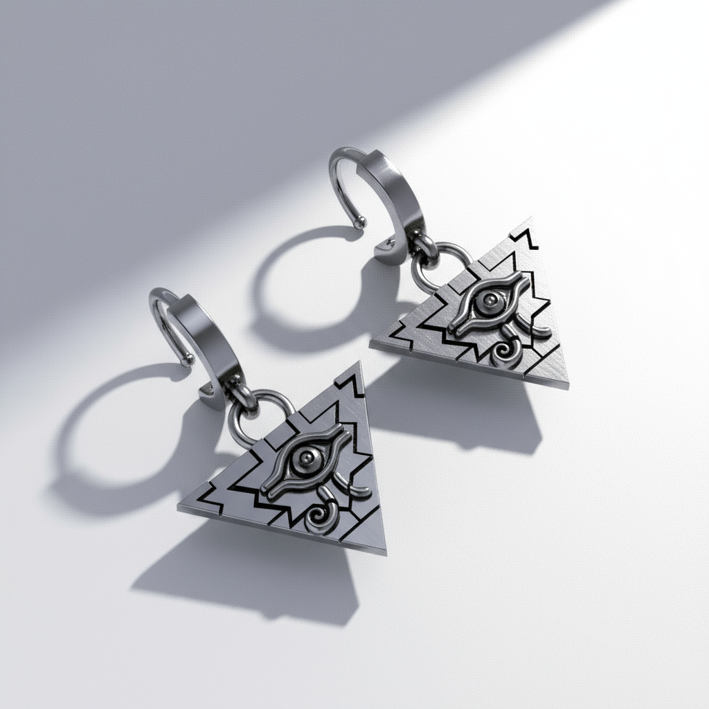 A gold-colored earring with a geometric design displayed against an out-of-focus background featuring a pyramid.