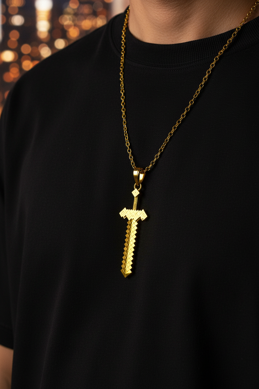 Gold chain with a sword-shaped pendant on a black shirt against a blurred background