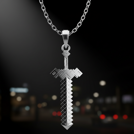 Silver sword-shaped pendant on a chain against a blurred cityscape background